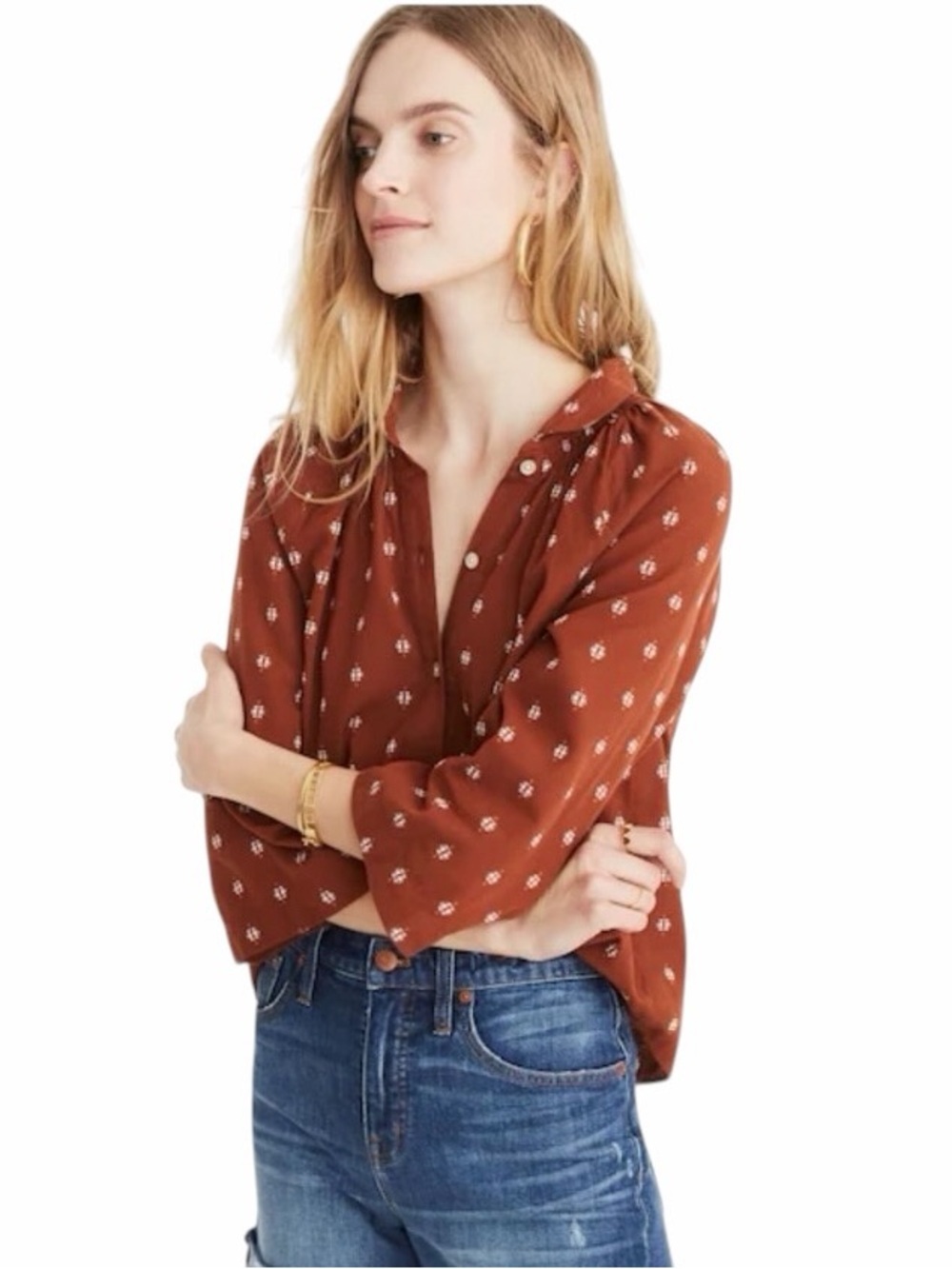 Madewell Raglan Peasant Shirt Burnt Clay Clip Dot Dobby Size Small #2137